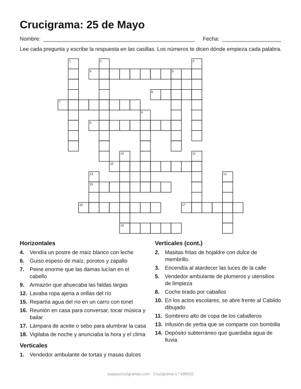 Hoja para imprimir del crucigrama del 25 de Mayo: cuadrícula numerada de 17 × 18 con 9 palabras horizontales y 9 verticales, y la lista de pistas.