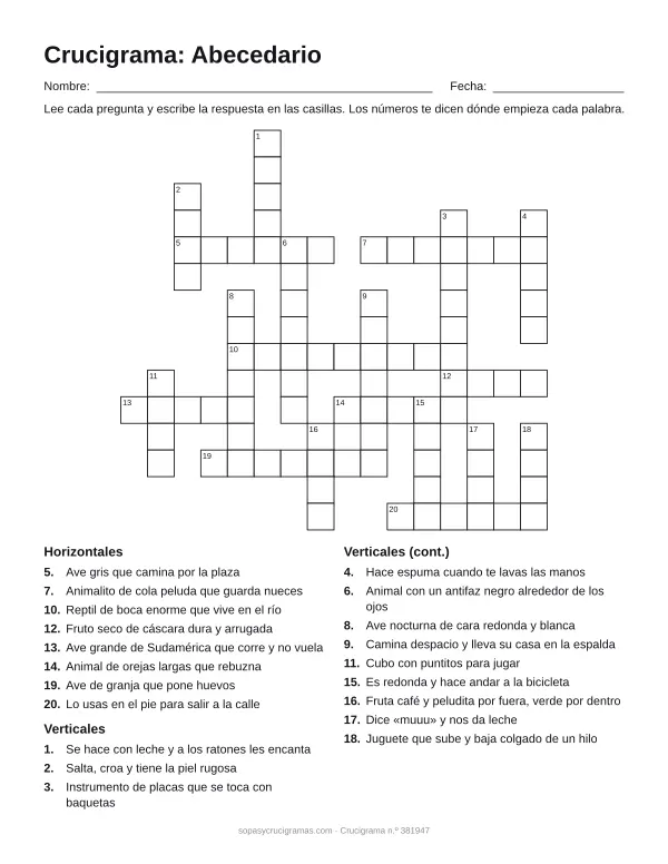 Hoja para imprimir del crucigrama del abecedario: cuadrícula numerada de 15 × 16 con 8 palabras horizontales y 12 verticales, y la lista de pistas.