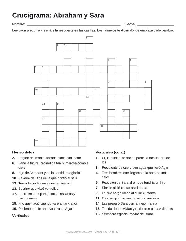 Hoja para imprimir del crucigrama de Abraham y Sara: cuadrícula numerada de 15 × 16 con 9 palabras horizontales y 10 verticales, y la lista de pistas.