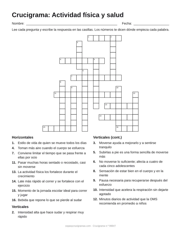 Hoja para imprimir del crucigrama de actividad física y salud: cuadrícula numerada de 17 × 17 con 8 palabras horizontales y 8 verticales, y la lista de pistas.