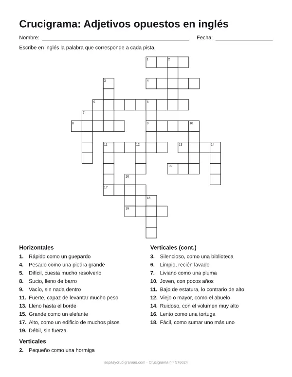 Hoja para imprimir del crucigrama de adjetivos opuestos en inglés: cuadrícula numerada de 17 × 14 con 10 palabras horizontales y 10 verticales, y la lista de pistas.