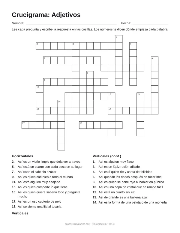 Hoja para imprimir del crucigrama de adjetivos: cuadrícula numerada de 16 × 19 con 9 palabras horizontales y 9 verticales, y la lista de pistas.