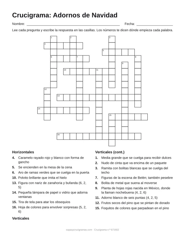 Hoja para imprimir del crucigrama de adornos de Navidad: cuadrícula numerada de 17 × 17 con 8 palabras horizontales y 9 verticales, y la lista de pistas.