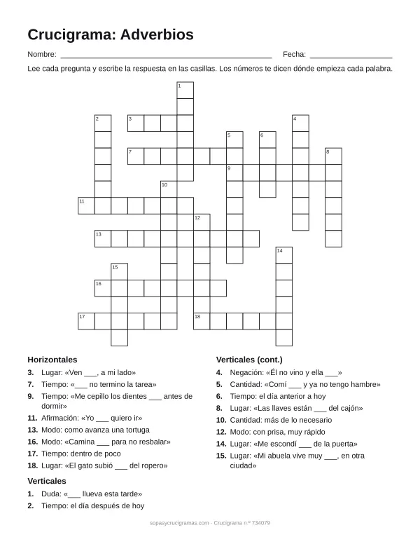 Hoja para imprimir del crucigrama de adverbios: cuadrícula numerada de 16 × 16 con 8 palabras horizontales y 10 verticales, y la lista de pistas.