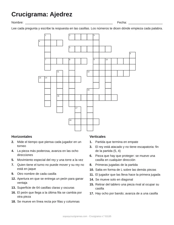 Hoja para imprimir del crucigrama de ajedrez: cuadrícula numerada de 16 × 16 con 9 palabras horizontales y 9 verticales, y la lista de pistas.