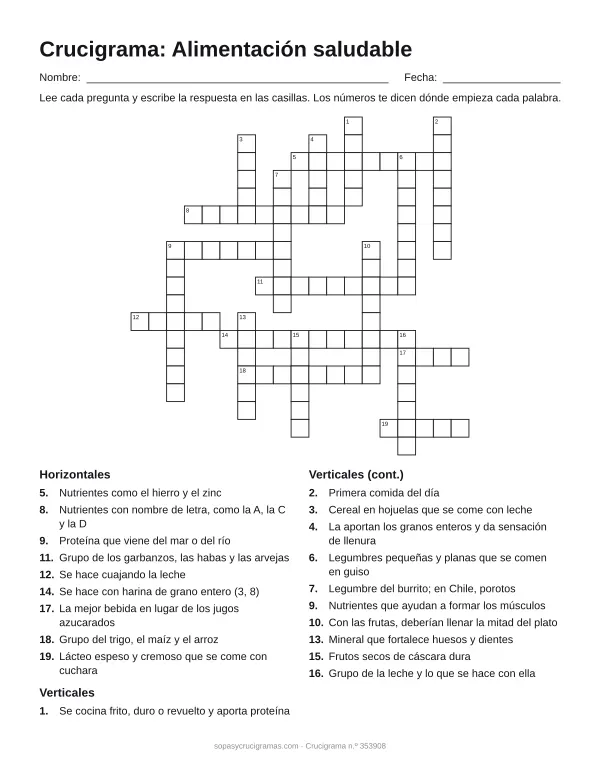 Hoja para imprimir del crucigrama de alimentación saludable: cuadrícula numerada de 19 × 19 con 9 palabras horizontales y 11 verticales, y la lista de pistas.