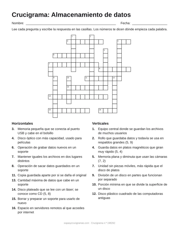 Hoja para imprimir del crucigrama del almacenamiento de datos: cuadrícula numerada de 18 × 18 con 10 palabras horizontales y 8 verticales, y la lista de pistas.