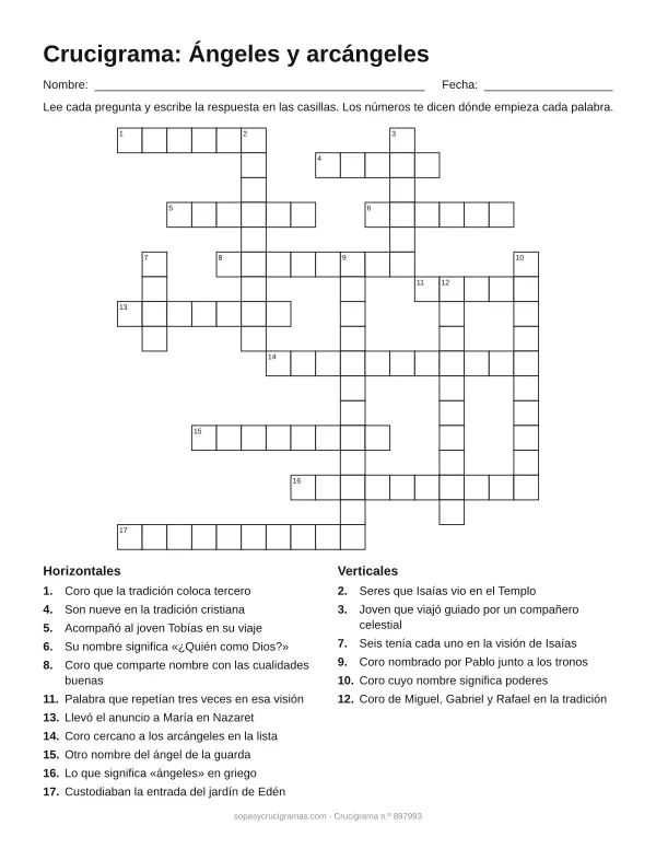 Hoja para imprimir del crucigrama de ángeles y arcángeles: cuadrícula numerada de 17 × 17 con 11 palabras horizontales y 6 verticales, y la lista de pistas.
