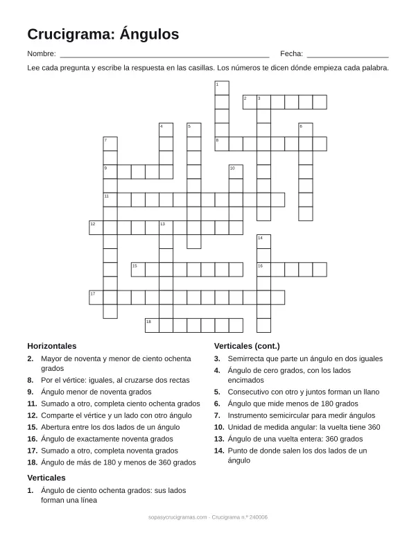 Hoja para imprimir del crucigrama de ángulos: cuadrícula numerada de 18 × 17 con 9 palabras horizontales y 9 verticales, y la lista de pistas.