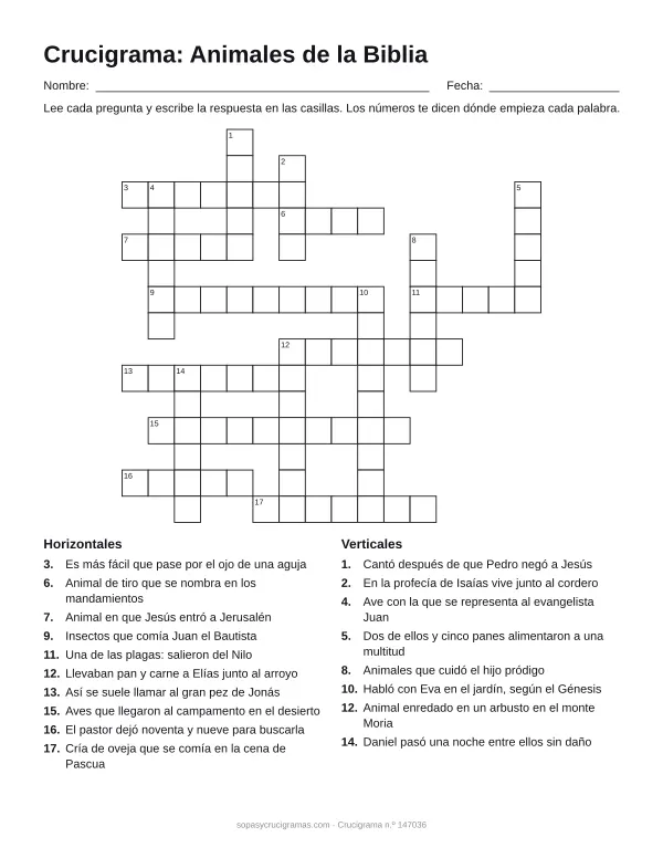 Hoja para imprimir del crucigrama de los animales de la Biblia: cuadrícula numerada de 15 × 16 con 10 palabras horizontales y 8 verticales, y la lista de pistas.