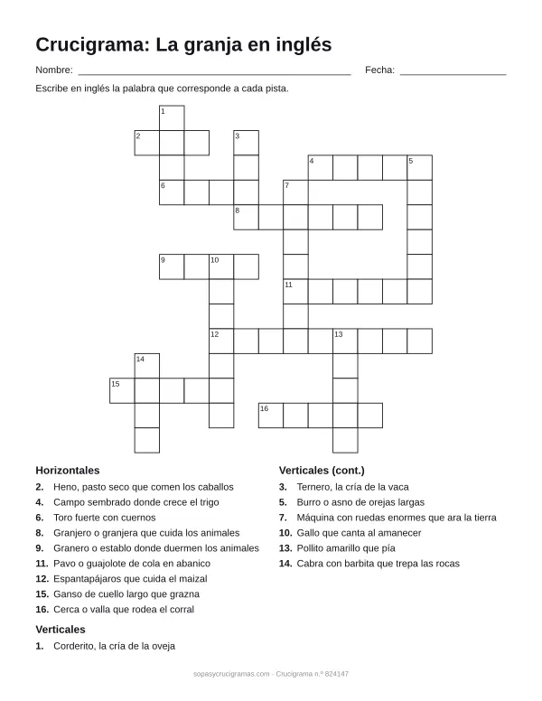 Hoja para imprimir del crucigrama de la granja en inglés: cuadrícula numerada de 14 × 13 con 9 palabras horizontales y 7 verticales, y la lista de pistas.