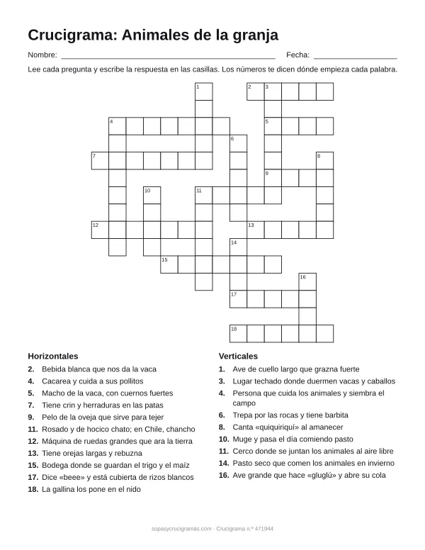 Hoja para imprimir del crucigrama de los animales de la granja: cuadrícula numerada de 15 × 14 con 11 palabras horizontales y 9 verticales, y la lista de pistas.