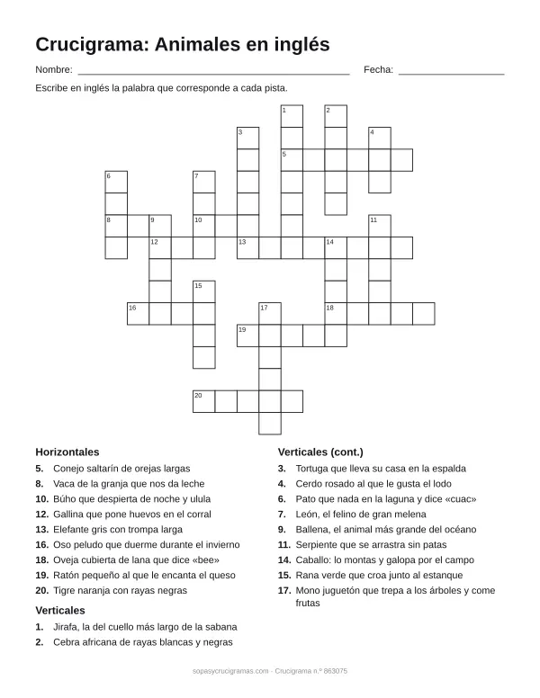 Hoja para imprimir del crucigrama de animales en inglés: cuadrícula numerada de 15 × 15 con 9 palabras horizontales y 11 verticales, y la lista de pistas.