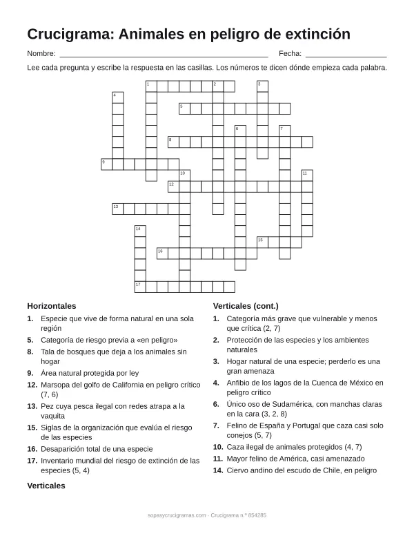Hoja para imprimir del crucigrama de animales en peligro: cuadrícula numerada de 19 × 19 con 9 palabras horizontales y 9 verticales, y la lista de pistas.