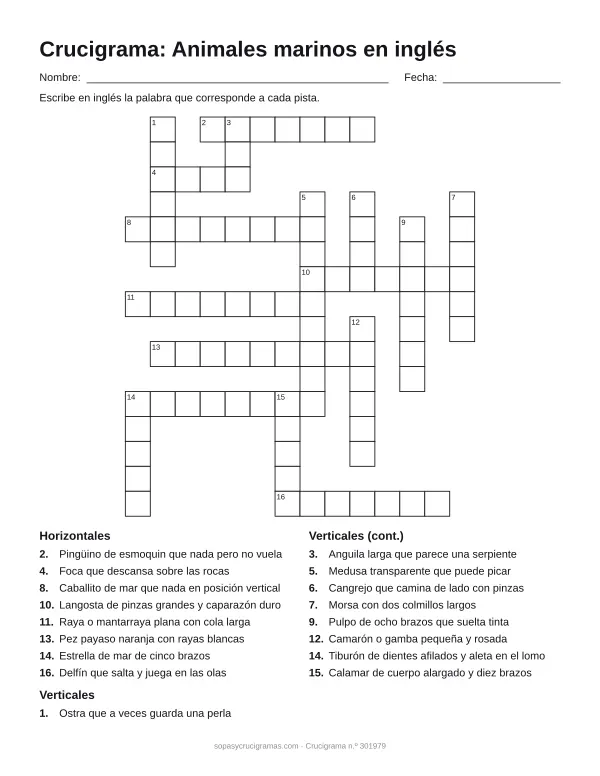 Hoja para imprimir del crucigrama de animales marinos en inglés: cuadrícula numerada de 16 × 14 con 8 palabras horizontales y 9 verticales, y la lista de pistas.