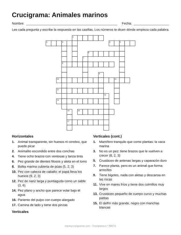 Hoja para imprimir del crucigrama de animales marinos: cuadrícula numerada de 18 × 17 con 10 palabras horizontales y 8 verticales, y la lista de pistas.