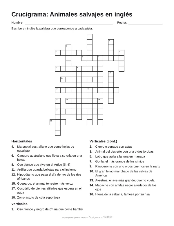 Hoja para imprimir del crucigrama de animales salvajes en inglés: cuadrícula numerada de 19 × 14 con 8 palabras horizontales y 10 verticales, y la lista de pistas.