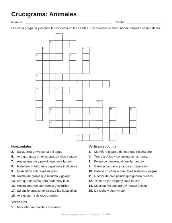Hoja para imprimir del crucigrama de animales: cuadrícula numerada de 16 × 15 con 10 palabras horizontales y 10 verticales, y la lista de pistas.