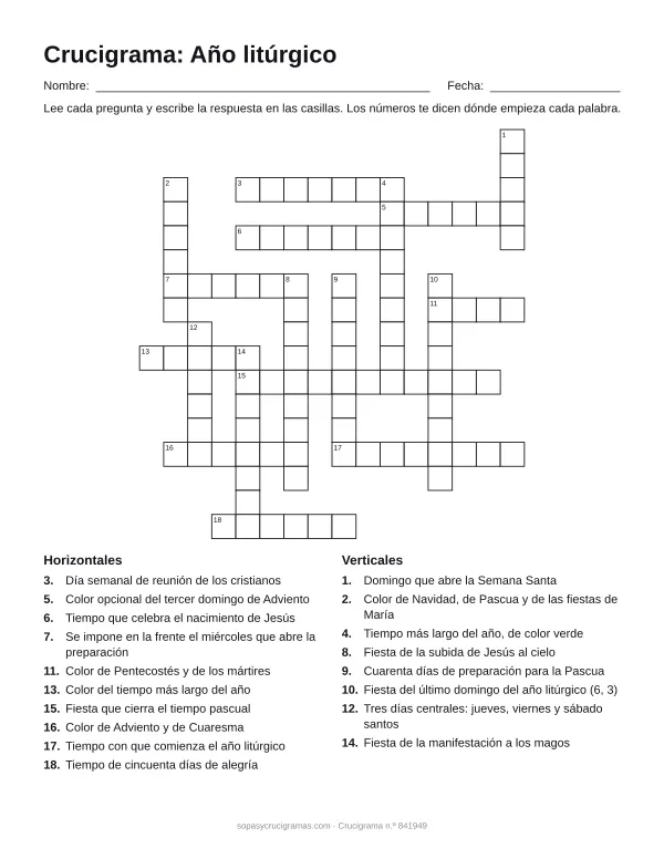 Hoja para imprimir del crucigrama del año litúrgico: cuadrícula numerada de 17 × 16 con 10 palabras horizontales y 8 verticales, y la lista de pistas.
