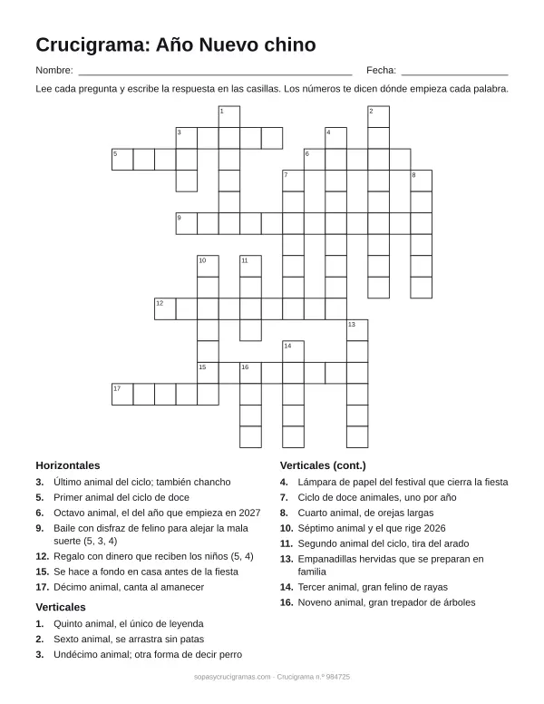 Hoja para imprimir del crucigrama del Año Nuevo chino: cuadrícula numerada de 16 × 15 con 7 palabras horizontales y 11 verticales, y la lista de pistas.