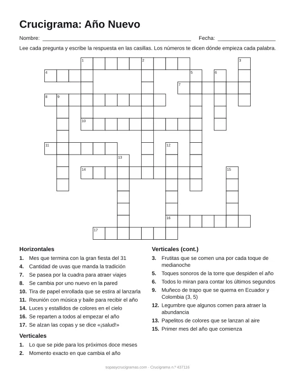 Hoja para imprimir del crucigrama de Año Nuevo: cuadrícula numerada de 15 × 17 con 9 palabras horizontales y 9 verticales, y la lista de pistas.