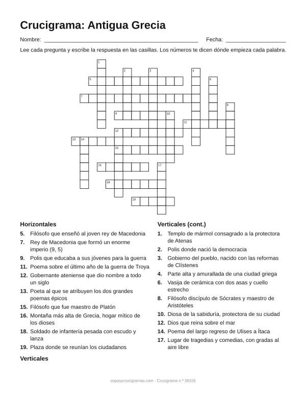 Hoja para imprimir del crucigrama de la antigua Grecia: cuadrícula numerada de 18 × 19 con 10 palabras horizontales y 10 verticales, y la lista de pistas.