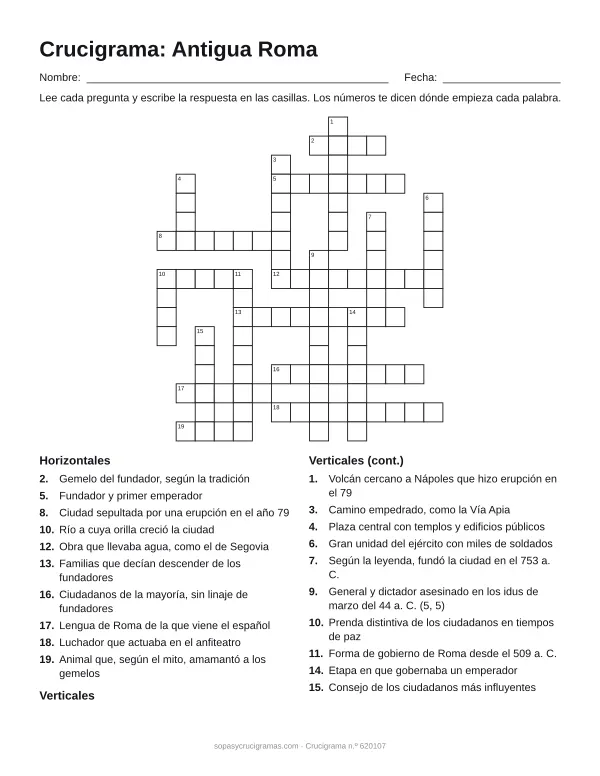 Hoja para imprimir del crucigrama de la antigua Roma: cuadrícula numerada de 17 × 15 con 10 palabras horizontales y 10 verticales, y la lista de pistas.