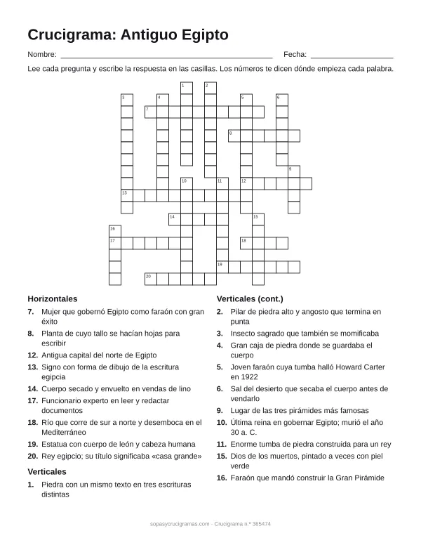 Hoja para imprimir del crucigrama del antiguo Egipto: cuadrícula numerada de 17 × 17 con 9 palabras horizontales y 11 verticales, y la lista de pistas.