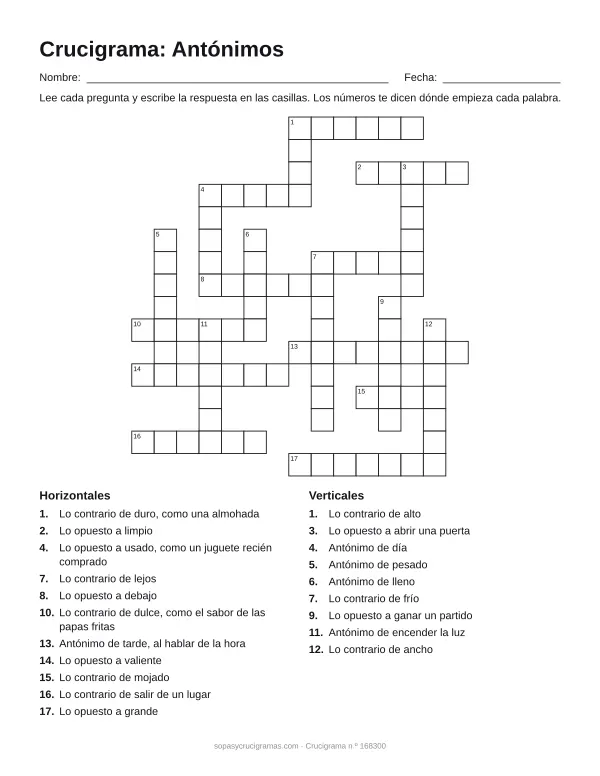 Hoja para imprimir del crucigrama de antónimos: cuadrícula numerada de 16 × 15 con 11 palabras horizontales y 9 verticales, y la lista de pistas.