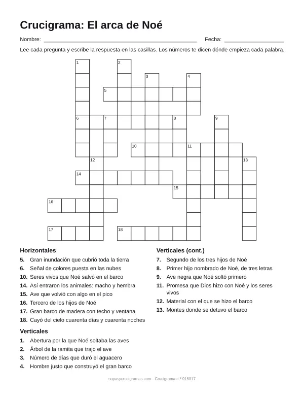 Hoja para imprimir del crucigrama del arca de Noé: cuadrícula numerada de 13 × 15 con 8 palabras horizontales y 10 verticales, y la lista de pistas.