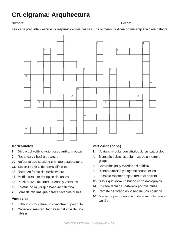 Hoja para imprimir del crucigrama de arquitectura: cuadrícula numerada de 16 × 20 con 9 palabras horizontales y 11 verticales, y la lista de pistas.
