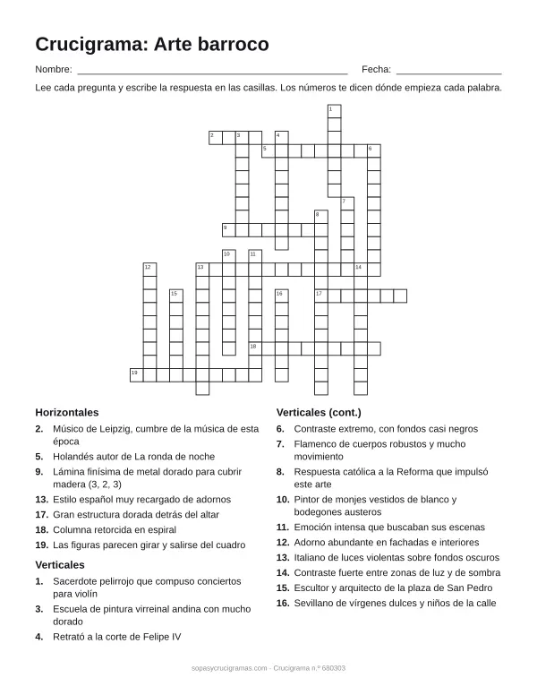 Hoja para imprimir del crucigrama del arte barroco: cuadrícula numerada de 22 × 21 con 7 palabras horizontales y 13 verticales, y la lista de pistas.