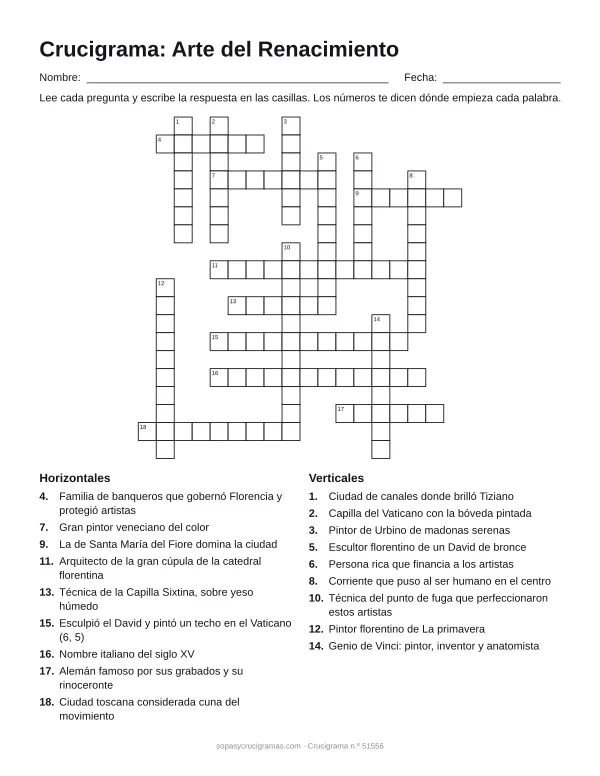 Hoja para imprimir del crucigrama del arte del Renacimiento: cuadrícula numerada de 19 × 18 con 9 palabras horizontales y 9 verticales, y la lista de pistas.