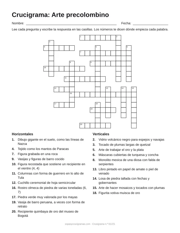 Hoja para imprimir del crucigrama del arte precolombino: cuadrícula numerada de 18 × 18 con 11 palabras horizontales y 9 verticales, y la lista de pistas.