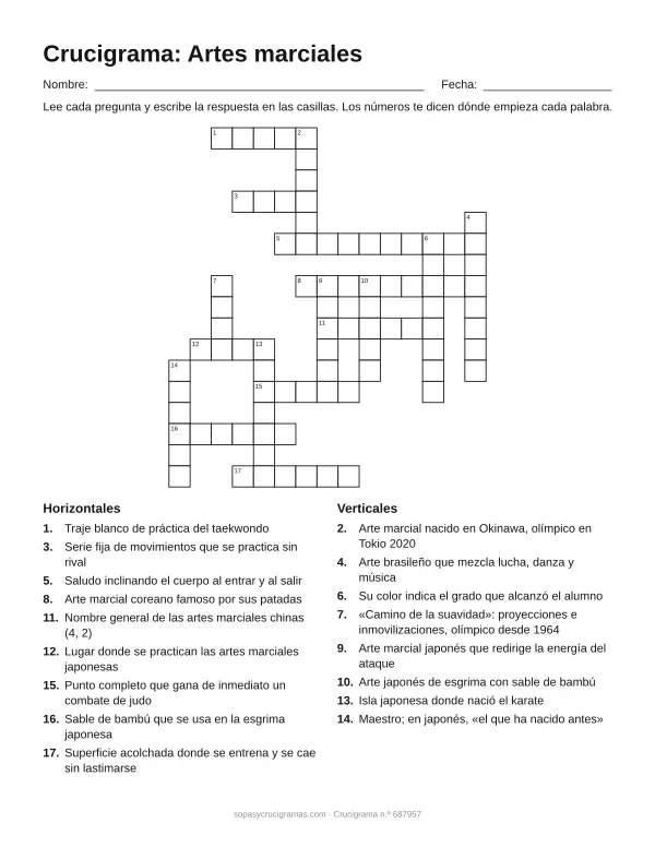 Hoja para imprimir del crucigrama de artes marciales: cuadrícula numerada de 17 × 15 con 9 palabras horizontales y 8 verticales, y la lista de pistas.