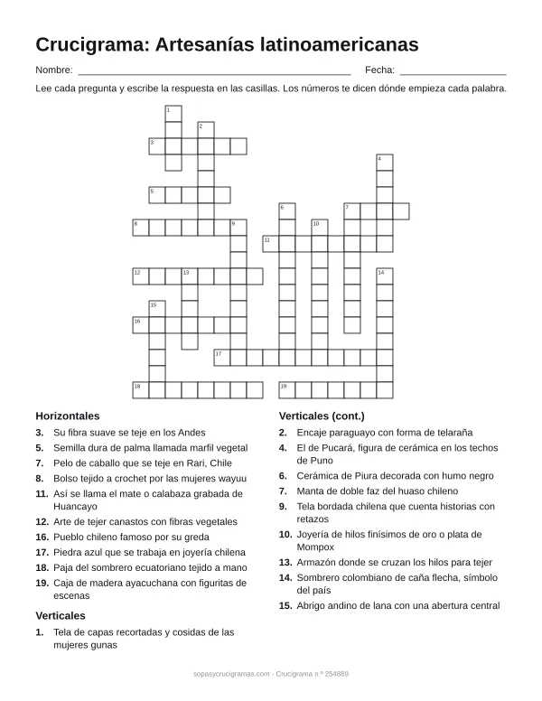 Hoja para imprimir del crucigrama de artesanías latinoamericanas: cuadrícula numerada de 18 × 17 con 10 palabras horizontales y 10 verticales, y la lista de pistas.