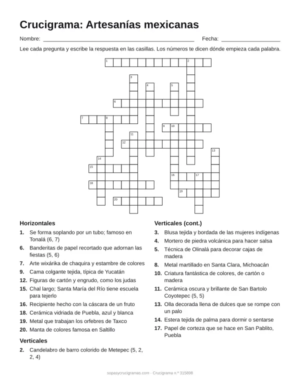 Hoja para imprimir del crucigrama de artesanías mexicanas: cuadrícula numerada de 19 × 17 con 10 palabras horizontales y 10 verticales, y la lista de pistas.