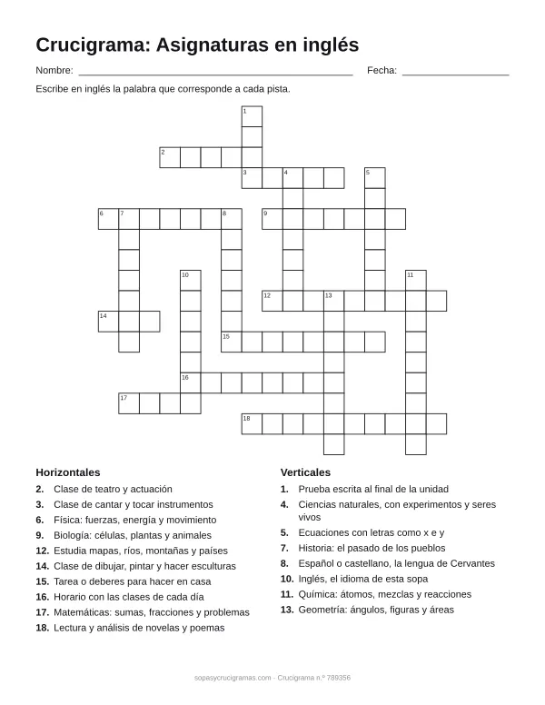 Hoja para imprimir del crucigrama de asignaturas en inglés: cuadrícula numerada de 17 × 17 con 10 palabras horizontales y 8 verticales, y la lista de pistas.