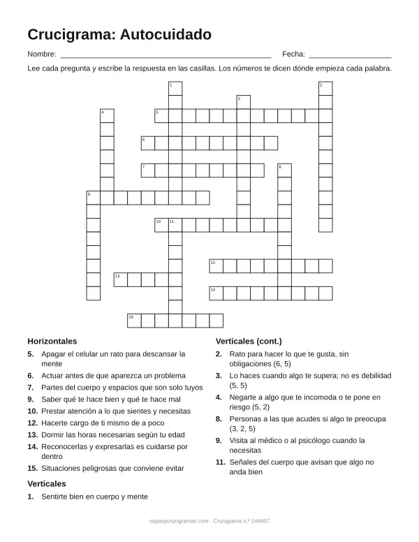 Hoja para imprimir del crucigrama del autocuidado: cuadrícula numerada de 18 × 18 con 9 palabras horizontales y 7 verticales, y la lista de pistas.