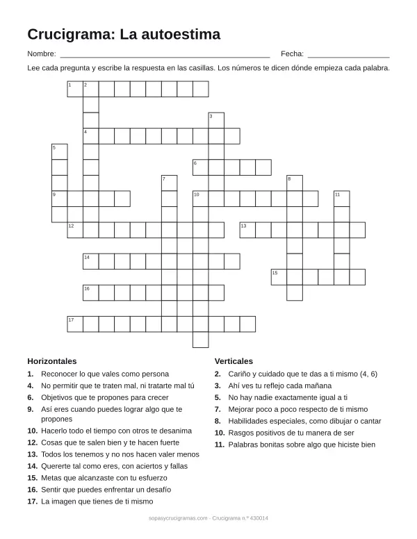 Hoja para imprimir del crucigrama de la autoestima: cuadrícula numerada de 17 × 20 con 11 palabras horizontales y 7 verticales, y la lista de pistas.