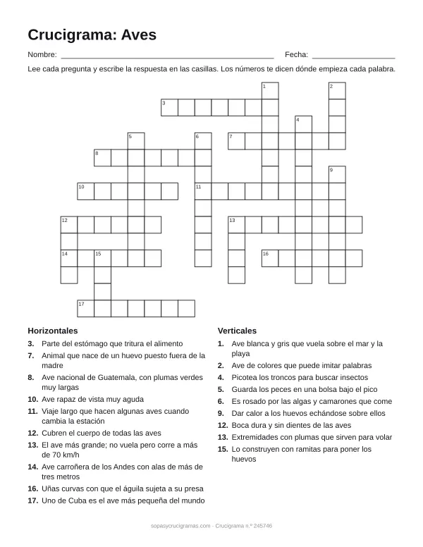 Hoja para imprimir del crucigrama de las aves: cuadrícula numerada de 14 × 18 con 10 palabras horizontales y 9 verticales, y la lista de pistas.