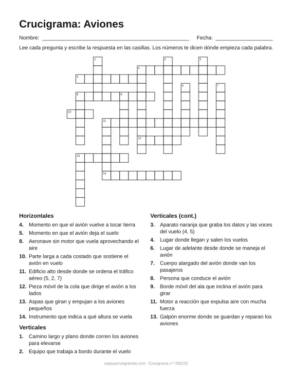Hoja para imprimir del crucigrama de aviones y aeropuertos: cuadrícula numerada de 17 × 18 con 8 palabras horizontales y 10 verticales, y la lista de pistas.