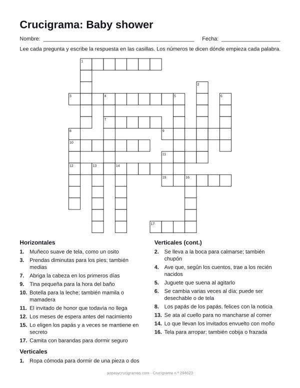 Hoja para imprimir del crucigrama de baby shower: cuadrícula numerada de 15 × 14 con 9 palabras horizontales y 9 verticales, y la lista de pistas.