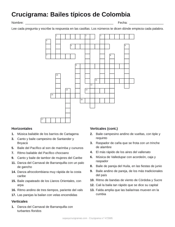 Hoja para imprimir del crucigrama de bailes de Colombia: cuadrícula numerada de 18 × 19 con 10 palabras horizontales y 10 verticales, y la lista de pistas.
