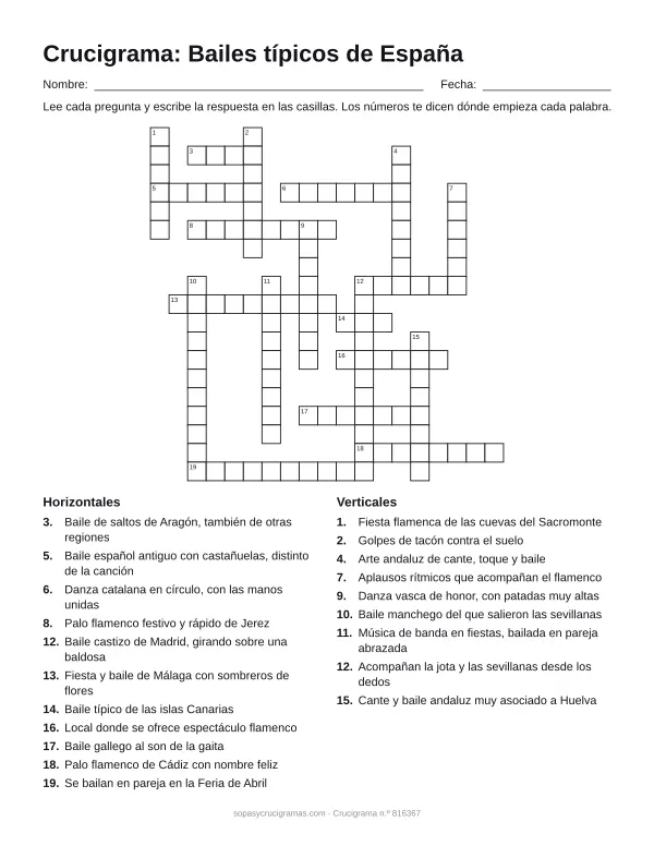 Hoja para imprimir del crucigrama de bailes de España: cuadrícula numerada de 19 × 19 con 11 palabras horizontales y 9 verticales, y la lista de pistas.