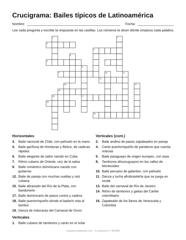 Hoja para imprimir del crucigrama de bailes latinoamericanos: cuadrícula numerada de 16 × 16 con 10 palabras horizontales y 10 verticales, y la lista de pistas.
