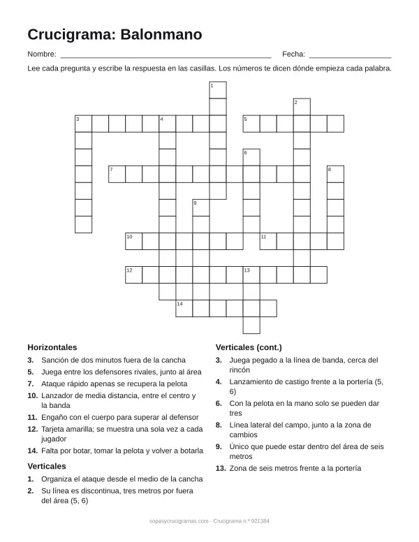 Hoja para imprimir del crucigrama de balonmano: cuadrícula numerada de 15 × 16 con 7 palabras horizontales y 8 verticales, y la lista de pistas.