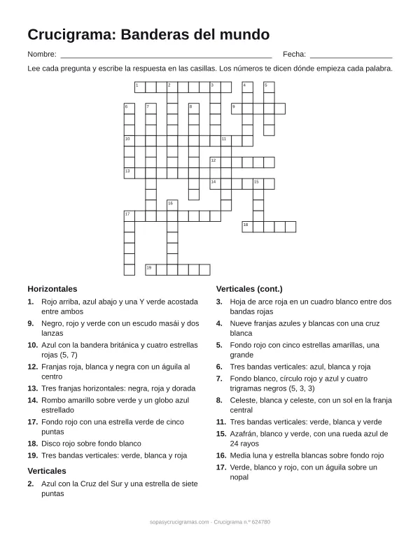 Hoja para imprimir del crucigrama de banderas del mundo: cuadrícula numerada de 18 × 16 con 9 palabras horizontales y 11 verticales, y la lista de pistas.