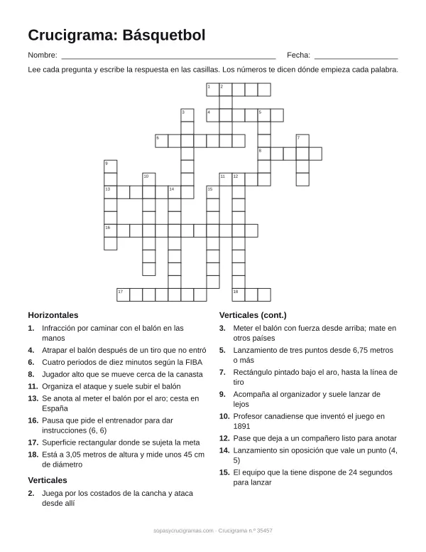 Hoja para imprimir del crucigrama de básquetbol: cuadrícula numerada de 17 × 17 con 9 palabras horizontales y 9 verticales, y la lista de pistas.
