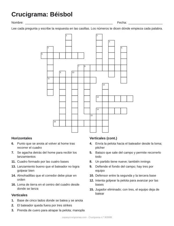 Hoja para imprimir del crucigrama de béisbol: cuadrícula numerada de 16 × 15 con 6 palabras horizontales y 10 verticales, y la lista de pistas.